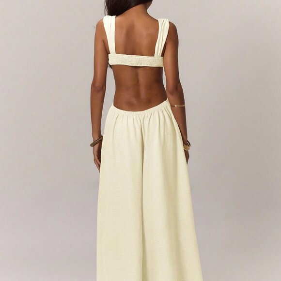 Beige Sexy Women's Ruched Bust Extreme Wide Leg Jumpsuit Vacation - Picture 2 of 5